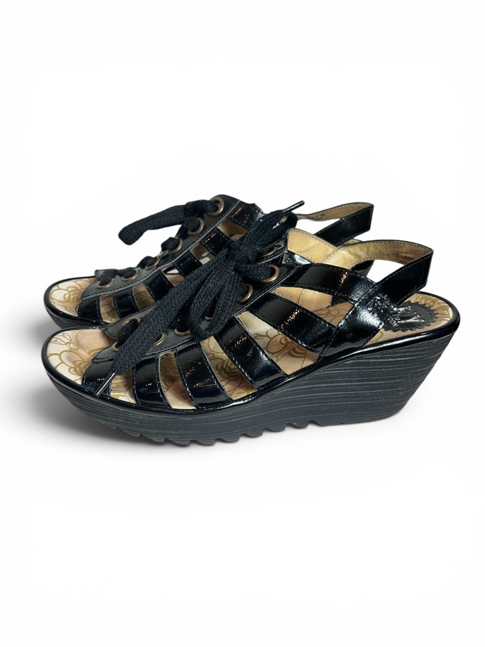 Fly London Yito Black Patent Lace-Up Wedge Sandals